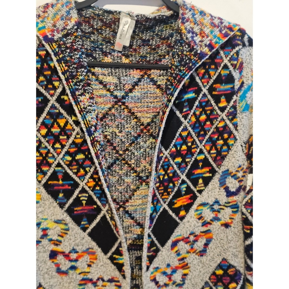 Pinklicious Women's Hooded Cardigan Long Boho Diamond Pattern‎ Knit Sweater L/XL - Picture 3 of 6